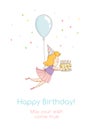 Happy birthday party greeting card invitation funny girl character flying with balloon and birthday cake with candles. Line flat Royalty Free Stock Photo