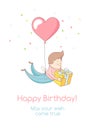 Happy birthday party greeting card invitation funny kid character flying with heart balloon holding present. Line flat design kid