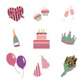 Happy Birthday party icon in flat style. Set included cake, heart, balloon, celebration, Champagne glasses, anniversary