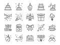 Happy Birthday Party line icon set. Included the icons as celebration, anniversary, party, congratulation, cake, gift, decoration Royalty Free Stock Photo