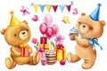 Happy birthday party set with bear, isolated for card, invitation. Watercolor teddy bears, cake, gift and balloon Royalty Free Stock Photo