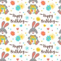 Happy Birthday pattern seamless, Trendy birthday lettering and cartoon bunny with gift. Cute rabbits and flowers. Happy