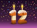 Happy Birthday, person birthday anniversary, Candle with cake in the form of numbers 12. Vector illustration
