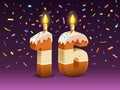 Happy Birthday, person birthday anniversary, Candle with cake in the form of numbers 16. Vector illustration