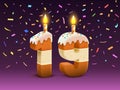 Happy Birthday, person birthday anniversary, Candle with cake in the form of numbers 19. Vector illustration