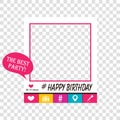 Happy birthday photo booth props. Frame with icons, such as heart, photo camera, microphone, hashtag, geolocation