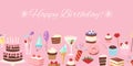 Happy birthday pink festive banner vector illustration. Happy birthday party. Pink background with cakes, balloons