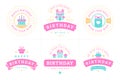 Happy birthday pink ribbon vintage label and badge set for greeting card design vector flat Royalty Free Stock Photo