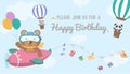 Hot air balloon birthday card template vector/illustration,Birthday greeting cards with cute animals.