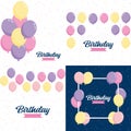 Happy Birthday in a playful. bubbly font with a background of balloons and party streamers