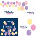 Happy Birthday in a playful. bubbly font with a background of balloons and party streamers