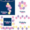 Happy Birthday in a playful. bubbly font with a background of balloons and party streamers