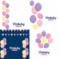 Happy Birthday in a playful. bubbly font with a background of balloons and party streamers