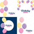 Happy Birthday in a playful. bubbly font with a background of balloons and party streamers