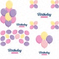 Happy Birthday in a playful. bubbly font with a background of balloons and party streamers