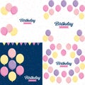 Happy Birthday in a playful. bubbly font with a background of balloons and party streamers