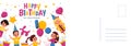 Happy birthday postcard. Holiday card with cute children and different shapes balloons in festive hats and confetti Royalty Free Stock Photo