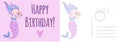 Happy Birthday postcard. Holiday card with mermaid, underwater princess with fish tail letter template with congratulate