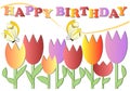 Happy birthday poster with colorful flowers and butterflies, eps 10 vector Royalty Free Stock Photo