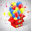 Happy Birthday Poster with confetti and Balloons Bunch flying from open red box. Vector illustration Royalty Free Stock Photo