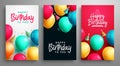 Happy birthday poster set vector design. Birthday greeting text collection with balloons and confetti elements