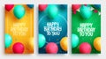 Happy birthday poster set vector design. Birthday greeting text collection with balloons and confetti elements