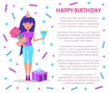 Happy Birthday Poster, Woman Cocktail, Bouquet Royalty Free Stock Photo