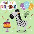 Happy Birthday poster with zebra - vector illustration, eps Royalty Free Stock Photo