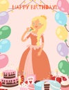 Happy birthday princess with cakes, sweets and festive baloon vector illustration. Happy birthday party invitation with