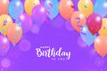 Happy birthday purple background with colorful balloons. Happy birthday banner with colorful confetti. Birthday celebration banner Royalty Free Stock Photo