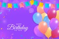 Happy birthday purple background with colorful confetti. Happy Birthday with colorful balloons. Birthday celebration banner, Royalty Free Stock Photo