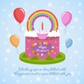 Happy Birthday - Rainbow Clude Topping Cake And Flowers, Balloon On Blue Star Background