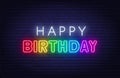 Happy birthday rainbow neon sign on a brick wall. Royalty Free Stock Photo