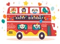 Happy Birthday red double decker celebration bus with cute animals. Cartoon vector illustration isolated on white background