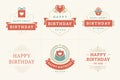 Happy birthday red ribbon vintage emblem and badge set for greeting card design vector flat Royalty Free Stock Photo