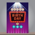 Happy Birthday retro billboard with glowing neon lights. Design