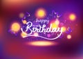 Happy Birthday, ribbons calligraphy and magic shooting stars, celebrate purple theme light glowing fireworks exploding backdrop Royalty Free Stock Photo