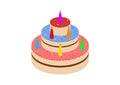 Birthday round cake with multicolored candles, isolated on white