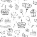 Happy birthday seamless pattern. Birthday celebration party drawn cake balloon candle kids holiday doodle vector vintage Royalty Free Stock Photo