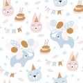 Happy Birthday seamless pattern. Birthday cream cakes, animals. Holiday for children. Vector