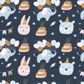 Happy Birthday seamless pattern. Birthday cream cakes, animals. Holiday for children. Vector