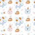 Happy Birthday seamless pattern. Birthday cream cakes, animals. Holiday for children. Vector