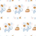 Happy Birthday seamless pattern. Birthday cream cakes, animals. Holiday for children. Vector