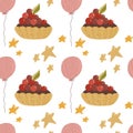 Happy Birthday Seamless Pattern with cute cakes, balloons and stars.