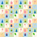 Happy birthday seamless pattern. Party cap, lollipop and piece of cake, confetti and balloon, gift box. Pattern of Royalty Free Stock Photo