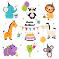 Happy Birthday Set, Adorable Baby Animal Celebrating Holiday, Baby Shower Banner, Poster, Card Design Cartoon Vector Royalty Free Stock Photo