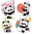 Happy birthday set with baby panda bears Royalty Free Stock Photo