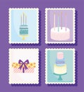 Happy birthday, set cards with cake gift candles cartoon celebration decoration Royalty Free Stock Photo