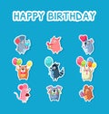 Happy Birthday Set, Cute Funny Animals Stickers with Balloons and Gift Boxes, Mouse, Pig, Cat, Raccoon, Rabbit, Balloon