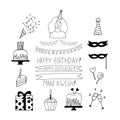 Happy birthday set icon. hand drawn doodle style. vector, minimalism, monochrome, sketch. scrapbook, holiday, party, decoration, Royalty Free Stock Photo